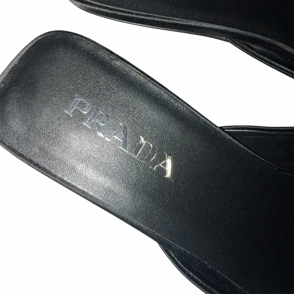 PRADA Satin Triangle Heel Mules Black Square Toe Kitten Heel IT 40 US 10 Slides - Picture 6 of 13
